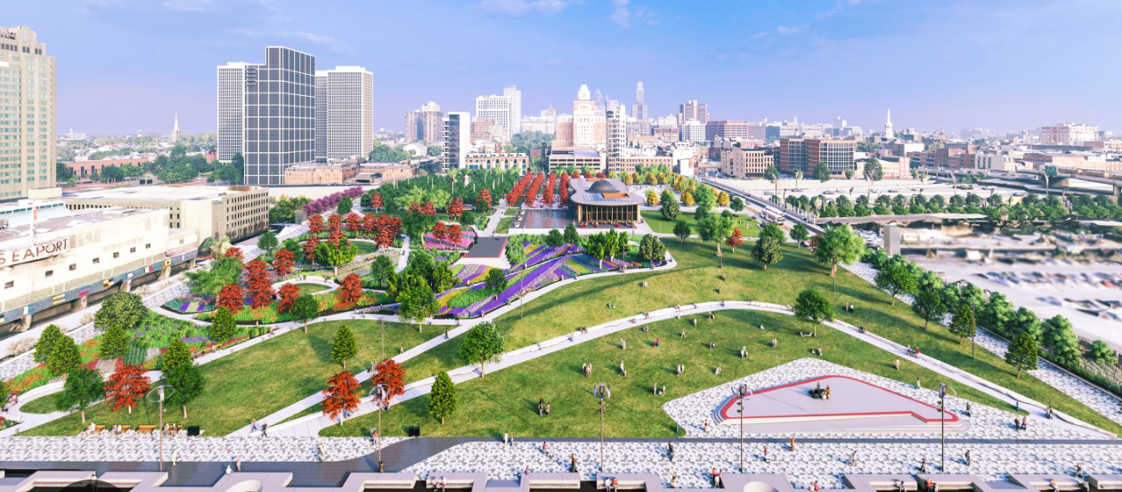I-95 CAP project — aerial park rendering with Philadelphia skyline